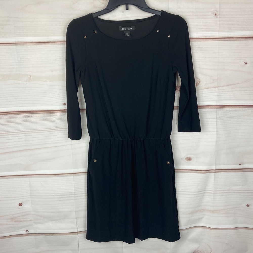 White House Black Market Dress Womens XXS Black 3/4 Sleeve Knit Pockets Stretch